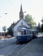 Zrich VBZ Tram 5 (Be 4/4 + B) Kirche Fluntern im August 1986.