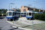 Zrich VBZ Tram 9 (SWP/SIG/BBC-Be 4/6 2061 / Be 4/6 2058) Hirzenbach im August 1986.