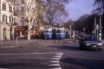 Zrich VBZ Tram 13 (Be 4/6 1628 / 1705) Sihlquai / Zollbrcke im Februar 1994.