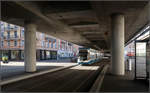 Unter der Hardbrücke -    Cobra-Tram auf der Linie 4 unter der Züricher Hardbrücke an der Haltestelle Escher-Wyss-Platz.