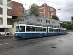 Linie 6 2023 mit einem technischen Problem an der Haltestelle Haldenegg. Die Bremsen des Anhängers lösten sich nicht mehr, und so fuhr das Tram in die Haltestelle der Linien 7 und 15, um auf die Reparateure zu warten. Die Linien 7 und 15 wurden via Stampfenbach umgeleitet. Datum: 28. 4. 2020