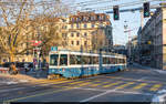 VBZ Be 4/6 2038 & 2307 auf der Linie 14 nach Triemli am 13. Februar 2021 zwischen Löwenplatz und Sihlpost.