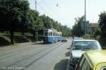 Zrich VBZ Tram 5 (Be 4/4 + B) Krhbhlstrasse im Juli 1983.