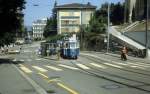 Zrich VBZ Tram 10 (Be 4/4 1395) Leonhardstrasse / Weinbergstrasse / Haltestelle Haldenegg im Juli 1983.