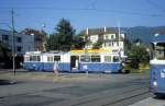 Zrich VBZ Tram 7 (SIG/MFO/SAAS-Be 4/6 1653) Wollishofen, Studackerstrasse im August 1986.