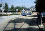 Zrich VBZ Tram 10 (Be 4/4 + B) Gessnerallee im August 1986.