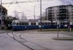 Zürich VBZ Tram 2 (Be 4/6 1617) Farbhof im Februar 1994.