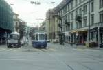 Zürich VBZ Tram 8 (Be 4/6 2052) Hottingerstrasse / Heimplatz im August 1986.