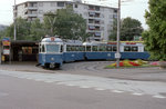 Zürich VBZ Tram 2 (SWS/BBC/SAAS Be 4/6 1664 + Be 4/6 1719) Altstetten, Badenerstrasse / Farbhofstrasse (Endstation Farbhof) im Juli 1983.