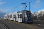 Be 6/8 Flexity 5028 mit der Werbung für die Basler Museen, auf der Linie 1, überquert am 09.01.2023 die Dreirosenbrücke.