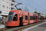 Be 6/8 Flexity 5030 mit der L'oréal Paris Werbung, auf der Linie 14, wartet am 07.03.2023 an der Endstation in Pratteln.