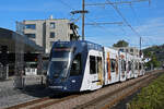 Be 6/8 Flexity 5028 ,mit der Werbung für die Basler Museen, auf der Linie 14, fährt am 02.09.2023 bei der Haltestelle Zum Park ein.