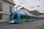 Be 6/8 Flexity 5021 mit der IKEA Werbung, auf der Linie 14, fährt am 01.12.2025 den Steinenberg hinunter zur Haltestelle Barfüsserplatz.