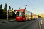 Cobra-Tram mit Werbung  Lusso  am 18. Juli 2025, kurz vor Sonnenuntergang an der Station Hardturm in Zürich.