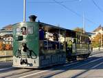 Berner Danpftram G 3/3 12 mit Anhänger C4 31 von Bernmobil Historique am 24.10.21 beim Überqueren der Kornhausbrücke in Bern.