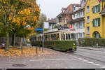 Stiftung BERNMOBIL historique Standardtram Be 4/4 621 mit B 337 am 20. Oktober 2019 auf seiner alten Stammlinie 5 am Cäcilienplatz.