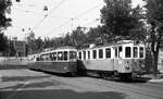 VBW Vereinigte Bern-Worb-Bahnen__Gemeinschaftsverkehr in Bern : CFe4/4 38 von 1913 neben Tram Linie 3 mit B4 332 von 1960/61.__27-08-1976