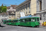 Dreiwagenzug, mit dem Be 4/4 480 und den beiden B4S 1480 und 1464, fahren als Dienstfahrt den Steinenberg hinunter zur Haltestelle Barfüsserplatz.