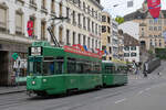 Be 4/4 500 zusammen mit dem B4S 1456, auf der Linie 15, fährt am 21.07.2025 den Steinenberg hoch zur Haltestelle Bankverein. Aufnahme Basel.