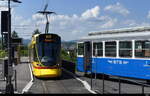BTB (BLT) - Be 6/10  174 neben dem Oldtimer Triebwagen ABe 4/4 12 vor der ehemaligen BLT Remise in Rodersdorf am 10.06.2023