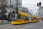 Be 6/10 Tango 189, auf der wegen der Basler Fasnacht umgeleiteten Linie 11, bedient am 01.03.2023 die provisorische Haltestelle am Aeschenplatz in der St.