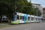 Be 6/10 Tango 186 mit der Primero Energie Werbung, auf der Linie 10, bedient am 15.08.2023 die Haltestelle am Aeschenplatz.