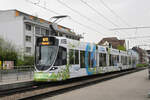 Be 6/10 Tango 186 mit der Primero Energie Werbung, fährt am 08.04.2024 wegen einer Grossbaustelle am Steinenberg nur bis zur Heuwaage. Hier bedient der Wagen die Haltestelle Binningen Oberdorf.