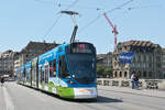 Be 6/10 Tango 187 mit der Migros Werbung, auf der wegen der Grossbaustelle am Marktplatz umgeleiteten Linie 11, �berquert am 20.07.2026 die Mittlere Rheinbr�cke Richtung Haltestelle Rheingasse. Aufnahme Basel.