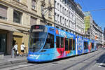 Be 6/10 Tango 182 mit der Werbung f�r Migros M-Parc, auf der wegen der Grossbaustelle am Marktplatz umgeleiteten Linie 11, bedient am 19.08.2026 die Haltestelle Rheingasse.