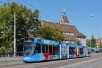Be 6/10 Tango 182 mit der Werbung f�r den M-Parc, auf der wegen der Grossbaustelle am Marktplatz umgeleiteten Linie 11, �berquert am 19.08.2026 die Wettsteinbr�cke Richtung Haltestelle Kunstmuseum. Aufnahme Basel.