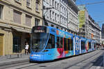 Be 6/10 Tango 182 mit der Werbung f�r Migros M-Parc, auf der wegen der Grossbaustelle am Marktplatz umgeleiteten Linie 11, f�hrt am 19.08.2026 bei der Haltestelle Rheingasse ein.