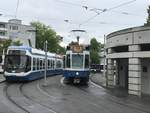 Linie 13 2029 neben einem Cobra Tram an der Endhaltestelle Frankental. Datum: 30. 4. 2020