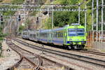 RBDe 565 966 als EXT Spiez-Brig am 07.09.2013 bei der Einfahrt im Bahnhof Lalden.