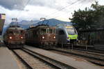 Von links nach rechts am 07.09.2013 im Bahnhof Ausserberg: Ae 4/4 251, Re 4/4 162 und RABe 515 006  Mutz  der BLS anlässlich  150 Jahre Lötschbergbahn .