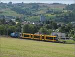 Neuheiten. 

Die Stadler-Werkslok Eem 936 131 liefert eine neue TINA-Strassenbahn nach Darmstadt aus. Letztes Jahr auf der Innotrans ausgestellt, jetzt auf dem Weg zum Kunden in Frick, Juli 2023. 