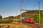 Die Re 460 110-0 fährt in Frick mit dem EN 459 Canopus von Zürich HB nach Prag vorüber.Bild vom 9.7.2015