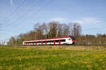 Der RABe 531 001 auf Testfahrt zwischen Sulgen und Romanshorn. Der RABe 531 ist der neuste Zug der SBB-Flotte. Erlen, 5.4.2024
