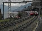 Von der am Walensee entlangfhrenden Strecke beginnt in Mhlehorn der kurze Einspurabschnitt bis Tiefenwinkel. Am 16.03.2014 wartet hier S2 18231 von Zrich nach Unterterzen auf die Freigabe der Strecke, nachdem RE 1768 von Chur nach Zrich diesen einspurigen Streckenabschnitt passiert hat.