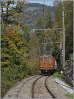 Die Blonay-Chamby Bernina Bahn Ge 4/4 81 ist mit ihrem Zug auf dem Weg von Chamby nach Chaulin und passiert gerade das Einfahrsignal von Chamby.