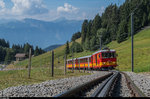Bahnforum-Schweiz-Fotofahrt auf der BVB am 10. September 2016. HGe 4/4 32 auf Bergfahrt oberhalb von Col de Soud.