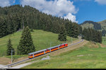 Bahnforum-Schweiz-Fotofahrt auf der BVB am 10. September 2016. HGe 4/4 32 auf Bergfahrt oberhalb von Col de Soud.