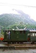 Auch bei solchem Wetter war die Schynige Platte Bahn unterwegs! Zahnradlok 54 der Baureihe He 2/2 bei Rangierfahrten in Wilderswil, 12.08.1983