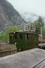 Schynige Platte Bahn 1983: Zahnradlok 52 (Baureihe He 2/2) vor einer Verladerampe in Wilderswil (1983)