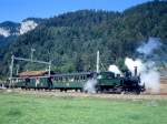 RhB Dampfextrazug 3039 Landquart - Kblis vom 02.09.1993 mit Lok G 3/4 1 - B 2060 - D 4052I - B 2245. 
Hinweis: Lok Rhtia ist die lteste Dampflok der RhB aus dem Jahre 1889, Leistung ca. 250PS