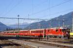 RhB HEIDILAND-BERNINA-EXPRESS G 503 von Landquart ber Davos Platz nach Tirano vom 07.06.1997 Bereitstellung in Landquart mit Lok Ge 4/4II 611 - AB 1532 - AB 1563 - A 1271 - B 2494 - B 2463 - B 2467. Hinweis: Kompo noch ohne Panoramawagen, Zug verkehrt heute als Heidi-Express von Davos nach Tirano. Nach der Lok laufen 2 Stammnetz-AB (planmig nur einer), die nur bis Pontresina an der Kompo bleiben und mit 18,50m zu lang fr die engen Radien der Berninalinie sind. Die etwas verkrzten Berninawagen haben eine Lnge von ca. 16,50m  