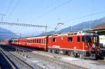 RhB HEIDILAND-BERNINA-EXPRESS G 503 von Landquart ber Davos nach Tirano vom 04.07.1999 in Landquart mit Lok Ge 4/4II 621 - AB 1563 - D 4205 - A 1272 - B 2494 - B 2463 - B 2467. Hinweis: Dieser Zug verkehrt heute als Heidi-Express nur noch von Davos nach Tirano. Lok hat noch runde Scheinwerfer, inzwischen nach Umbau Rechteckscheinwerfer. Der Stammnetz-AB und unplanmige Gepckwagen verkehrten nur bis Pontresina.
