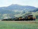 RhB Extra-GmP fr GRAUBNDEN TOURS 3033 von Landquart nach Davos-Platz vom 28.08.1997 zwischen Grsch und Schiers mit E-Lok Ge 6/6I 411 - Ge 6/6I 414 - B 2246 - B 2247 - D 4052I - Gb 5032 - E 6623 -