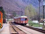 RhB Regionalzug 52 von Kblis nach Landquart vom 26.04.1992 Einfahrt Schiers mit ABDt 1715 - B 2415 - B 2415 - Be 4/4 516.
