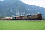 RhB Salon-Extrazug fr RHTIA TOURS 3053 von Landquart nach Schiers vom 01.09.1996 zwischen Landquart und Schiers, Dreifach-Bespannung mit den Oldtimer-E-Loks Ge 2/4 222 - Ge 6/6I 411 - Ge 4/6 353 - D 4052I - AS 1143 - AS 1141 - AS 1144.