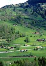 RhB Dampfzug 3031 fr Dampffreunde der RhB von Landquart nach Davos Platz am 09.05.1999 oberhalb Kblis mit Vorspann-E-Lok Ge 6/6 I 414 - G 4/5 107 - B 2245 - B 2246 - D 4052II -B 2060 - C  2012 - A 1102. Hinweis: Vorspann aus Lastgrnden zwischen Kblis und Davos-Wolfgang ntig.
